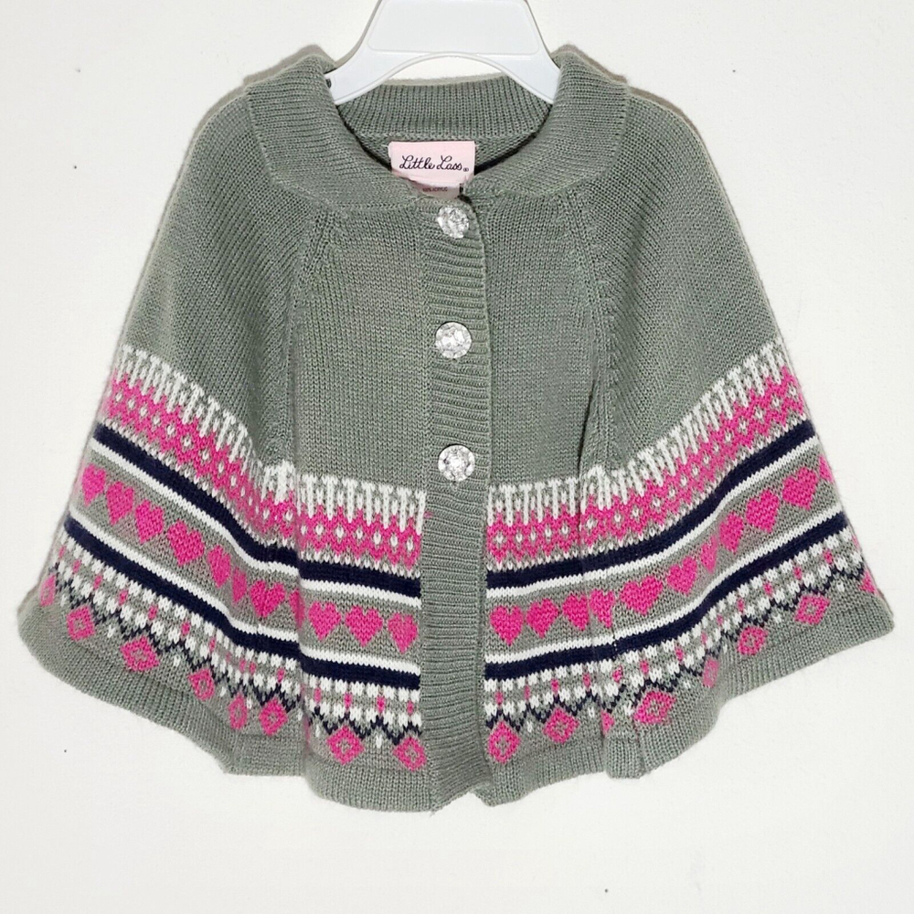 CUTE Little Lass Gray Pink Fair Isle Cape Poncho Sweater Baby Girl 18 Months